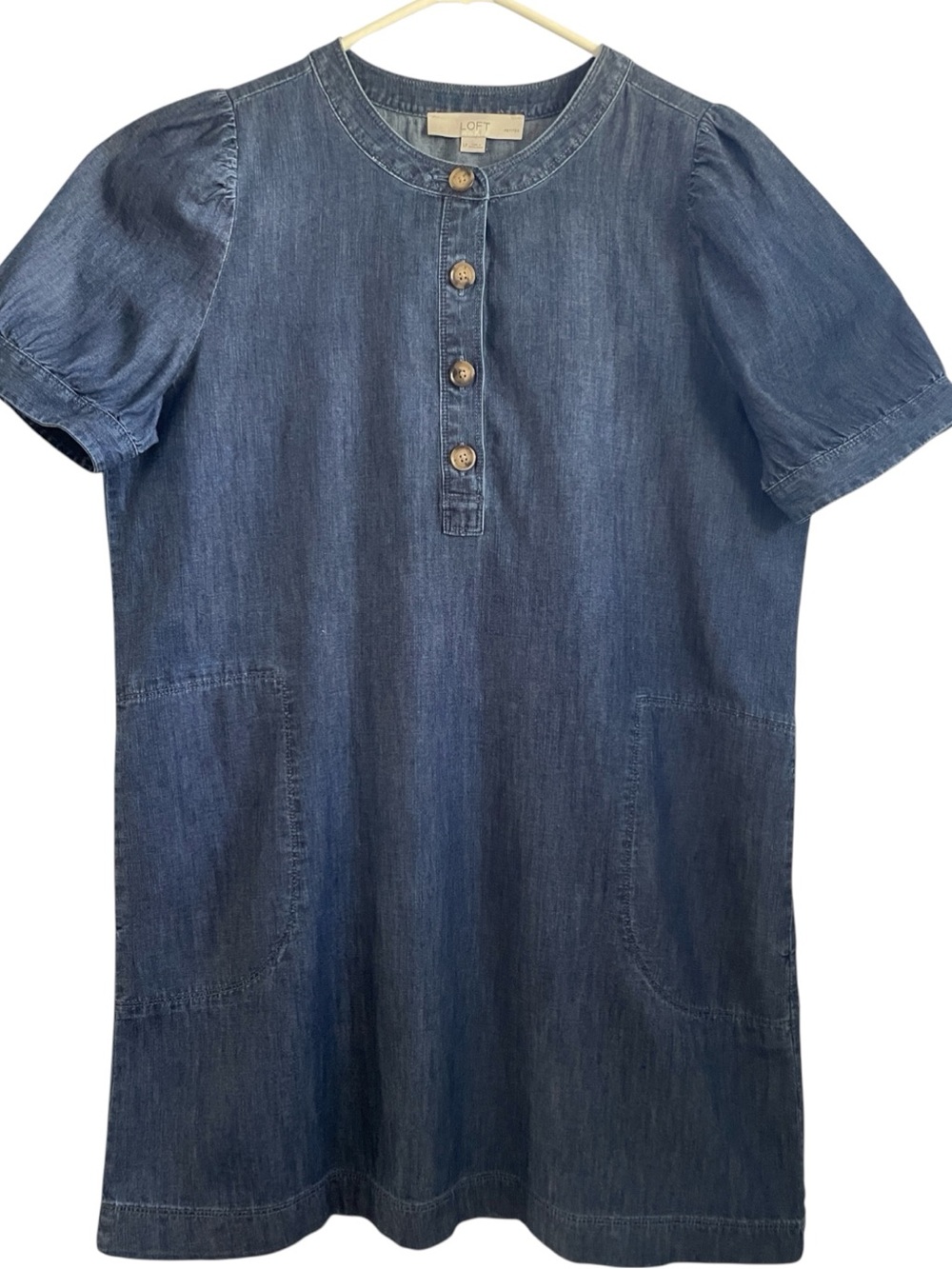 LOFT Indigo Denim Short Puff Sleeves Popover Shift Style Mini Dress Mp